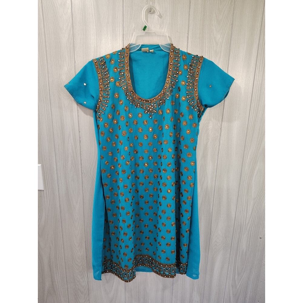 Indian Blue Sequin Jeweled Gold XL Embroidered Tunic Top Turquoise Ornate Saree